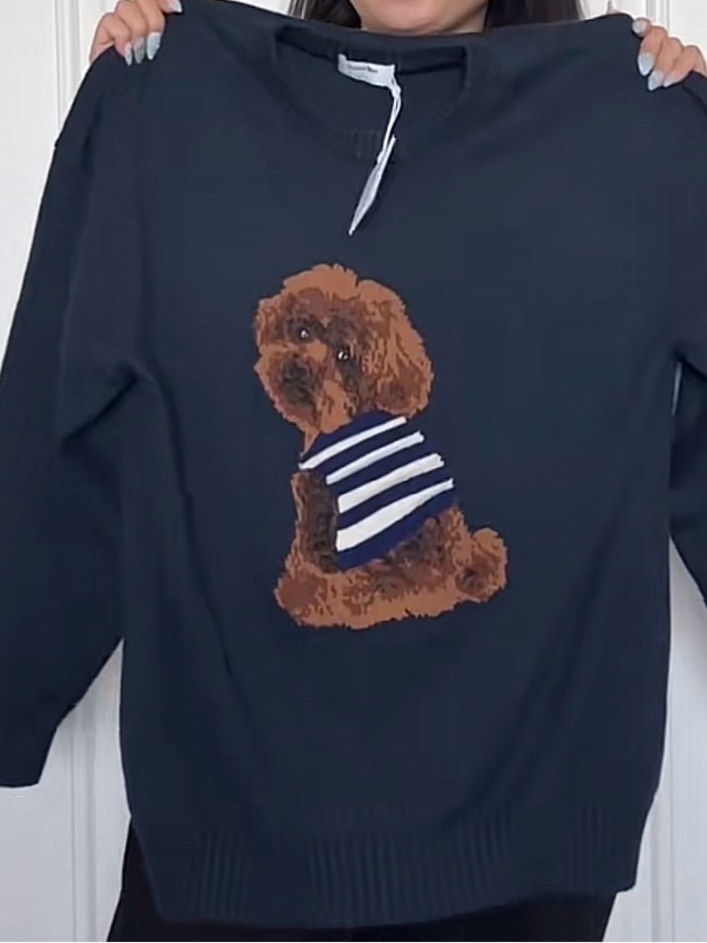 NWT Aritzia Sunday Best Peggy Icon Dog Navy Knit Sweater | Sz 2XS